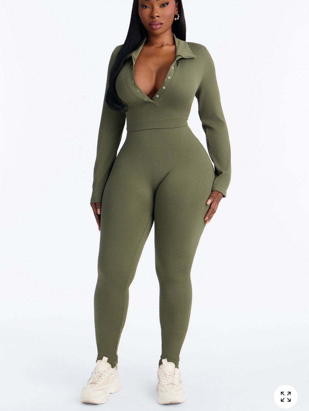 Fashion Nova Olive Green Ribbed Long-Sleeve Jumpsuit